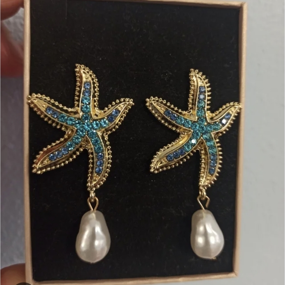 Vintage Art Deco Gold With Blue Crystal Rhinestone Starfish Earrings - Picture 7 of 7